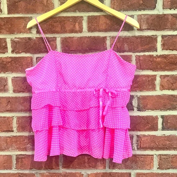 Tops Bright Pink With White Polka Dots Sheer Like Tiered